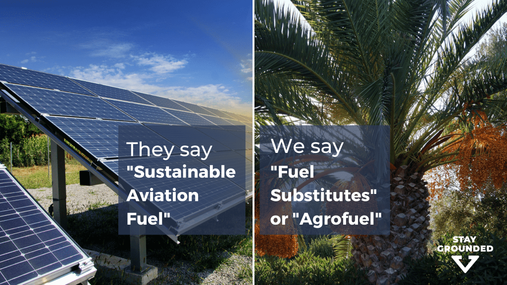A two-way image, one with a solar panel, one with forest. The text shows the difference between what the industry calls so-called "Sustainable Aviation Fuels" and what they actually are