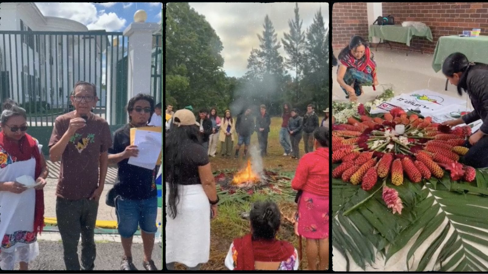 Three images from the Mesoamerican Caravan for Climate and Life with participants presenting the declaration as mentioned in the blog and gathering around a bonfire.